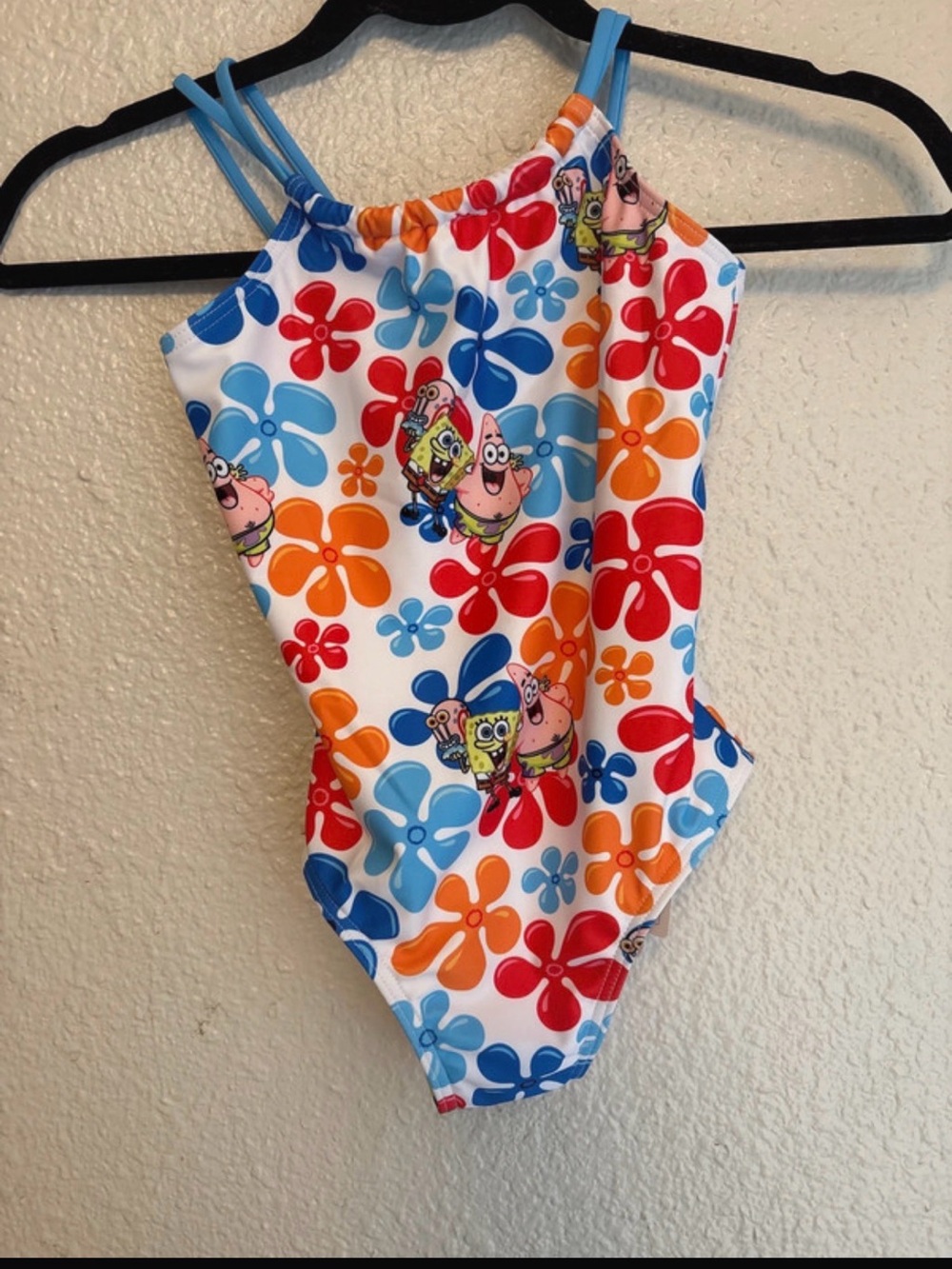 PatPat White Kids One-Piece Swimsuit with SpongeBob Floral Print